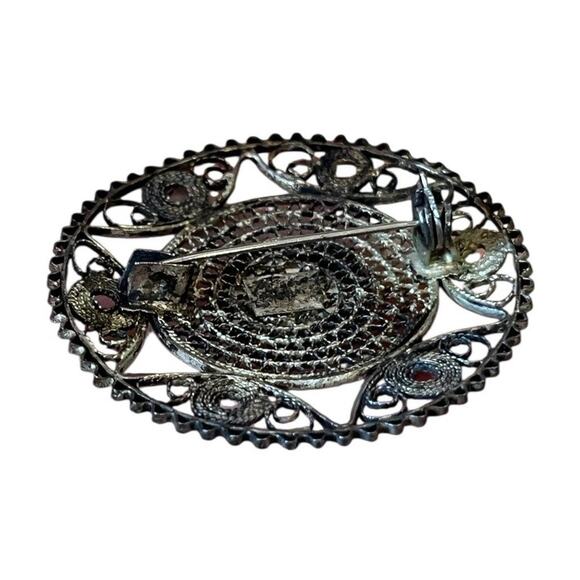 Vtg Sterling Silver Turquoise Filigree Round Shape Pin Brooch 1 5/8” - Picture 2 of 5